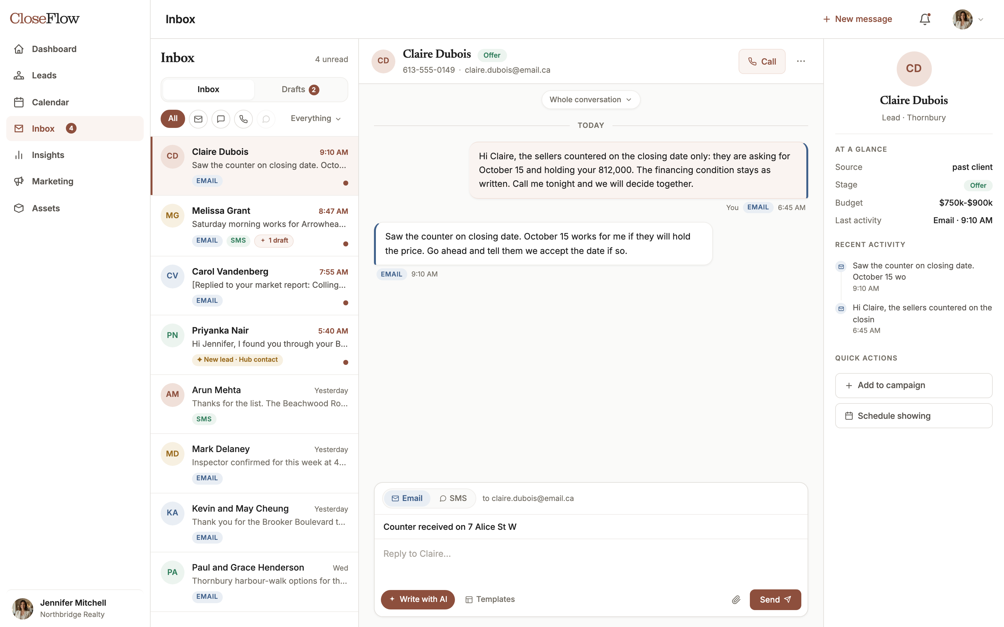 Unified inbox with email and SMS in one thread